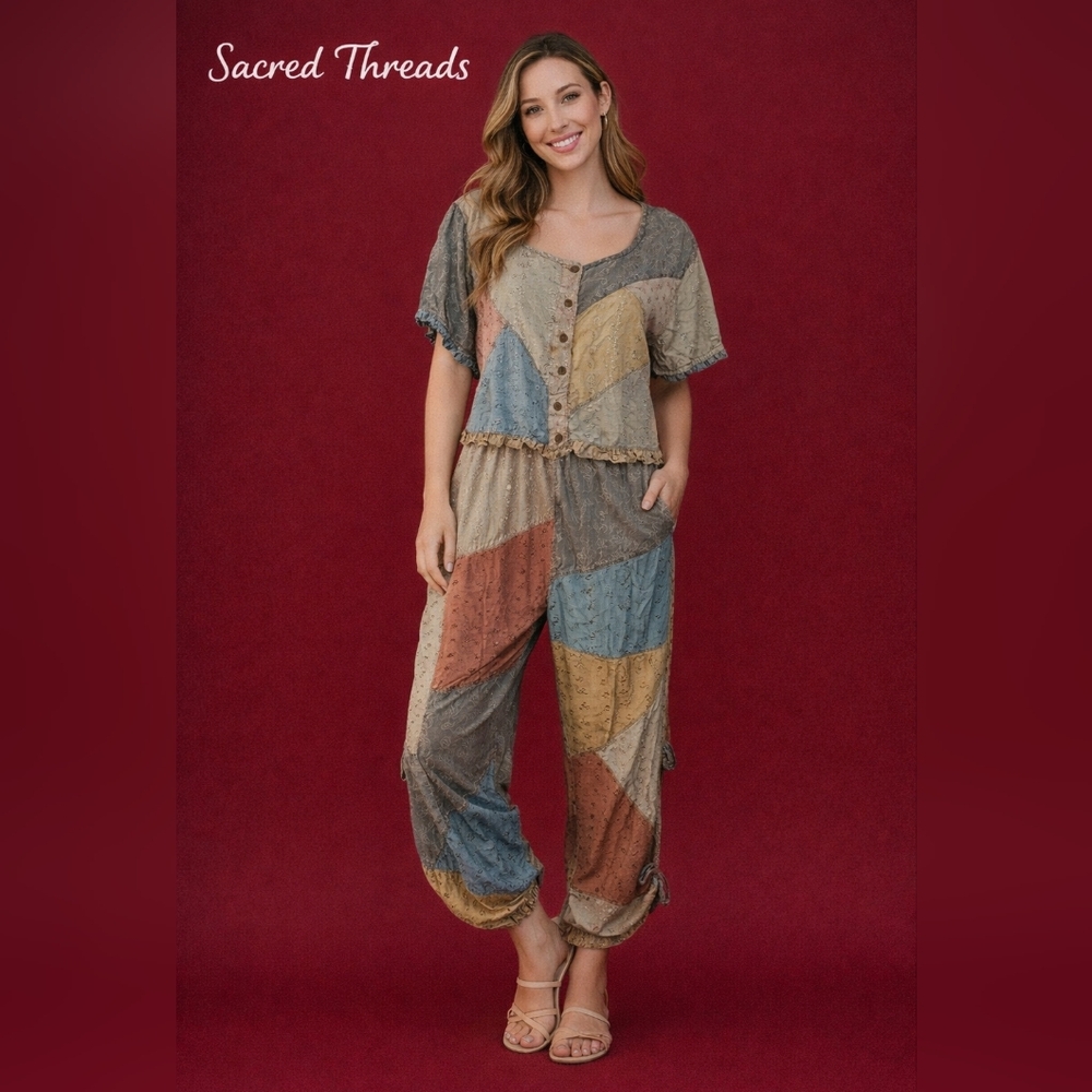 Vtg Sacred Threads Patchwork Colorblock Embroider… - image 1